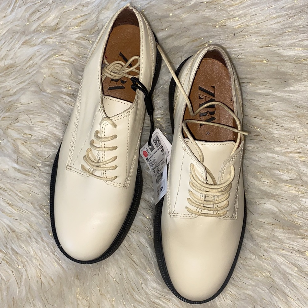 ZARA Low Heeled Leather Derby Shoes Off-White - Picture 5 of 10